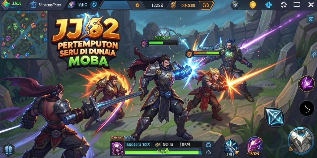 Tampilan aksi pertempuran intens di arena MOBA.