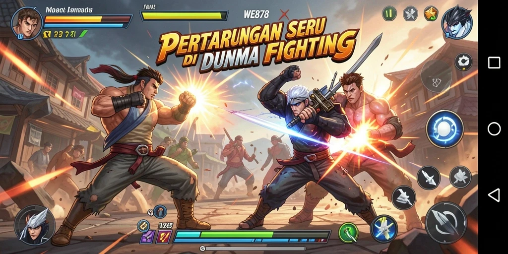Tampilan gameplay seru dengan karakter bertarung di arena.