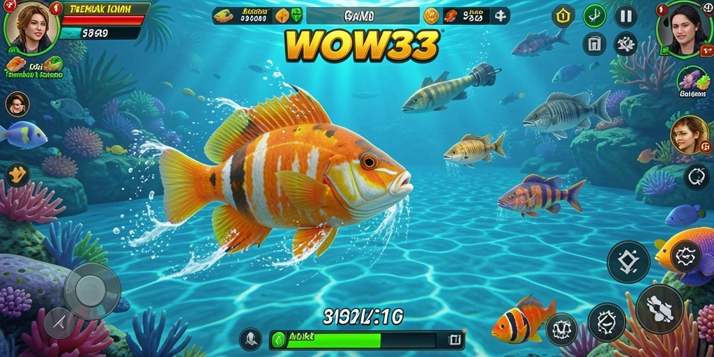 Screenshot gameplay WOW33 menampilkan aksi menembak ikan yang seru.